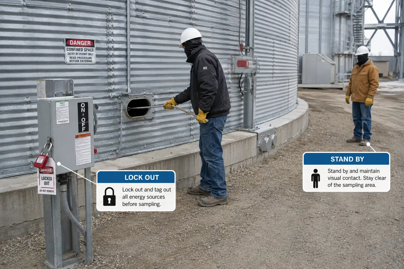 Pull bin samples with a probe from outside the bin, with unloading equipment locked out and a second person present.