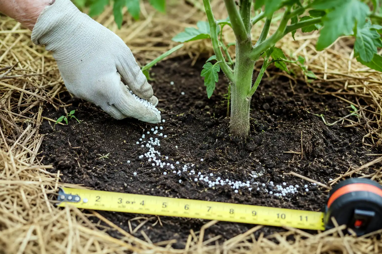 A sidedress goes in a shallow band six inches out from the stem, scratched into the top inch of soil and watered in, never touching the leaves.