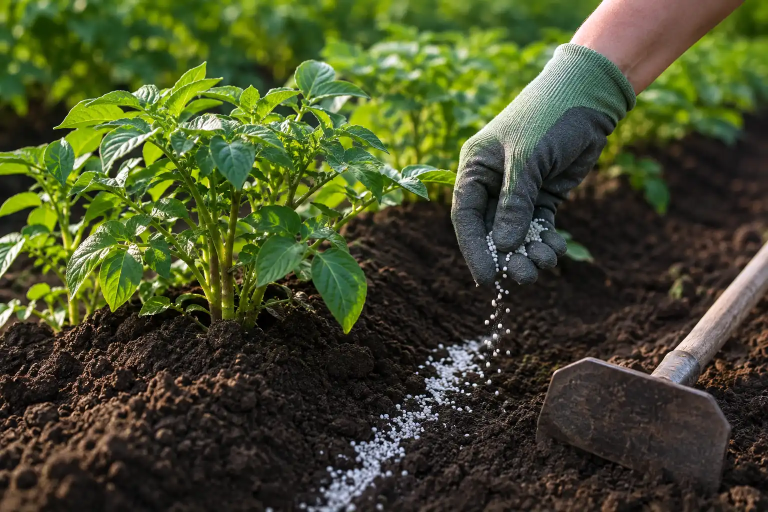 Granular nitrogen goes in a band four to five inches out from the stems, then hilling soil covers it and water carries it down.