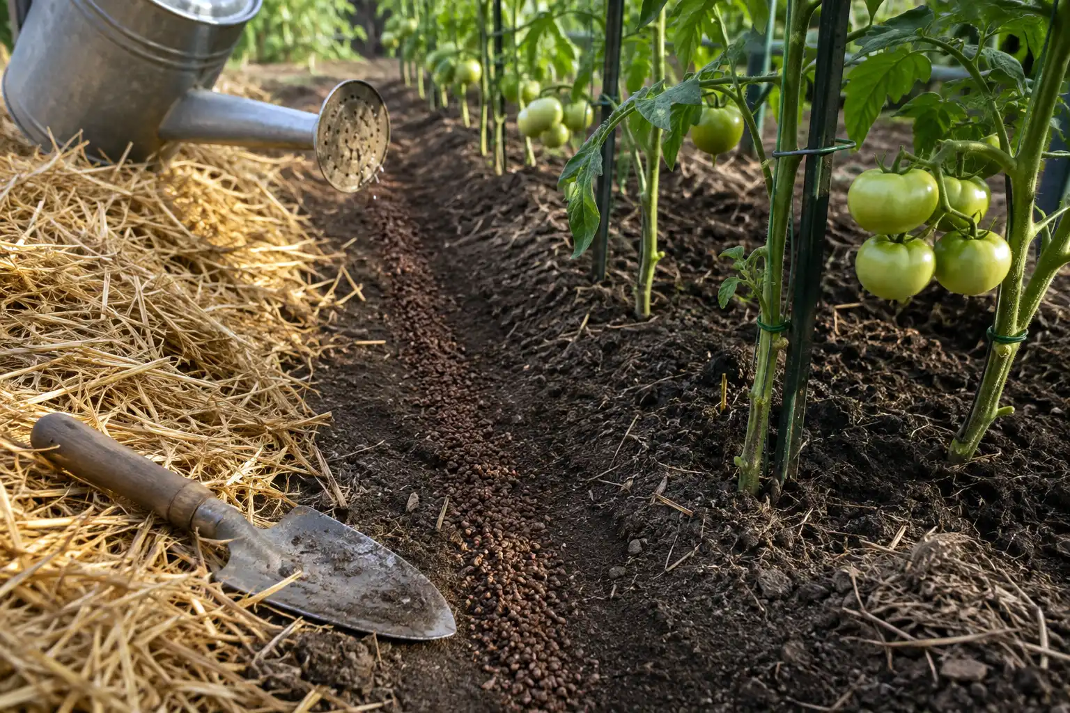 Organic nitrogen scratched into a narrow band six inches away from the tomato stem with straw mulch pulled aside, applied when the first fruits reached one third size
