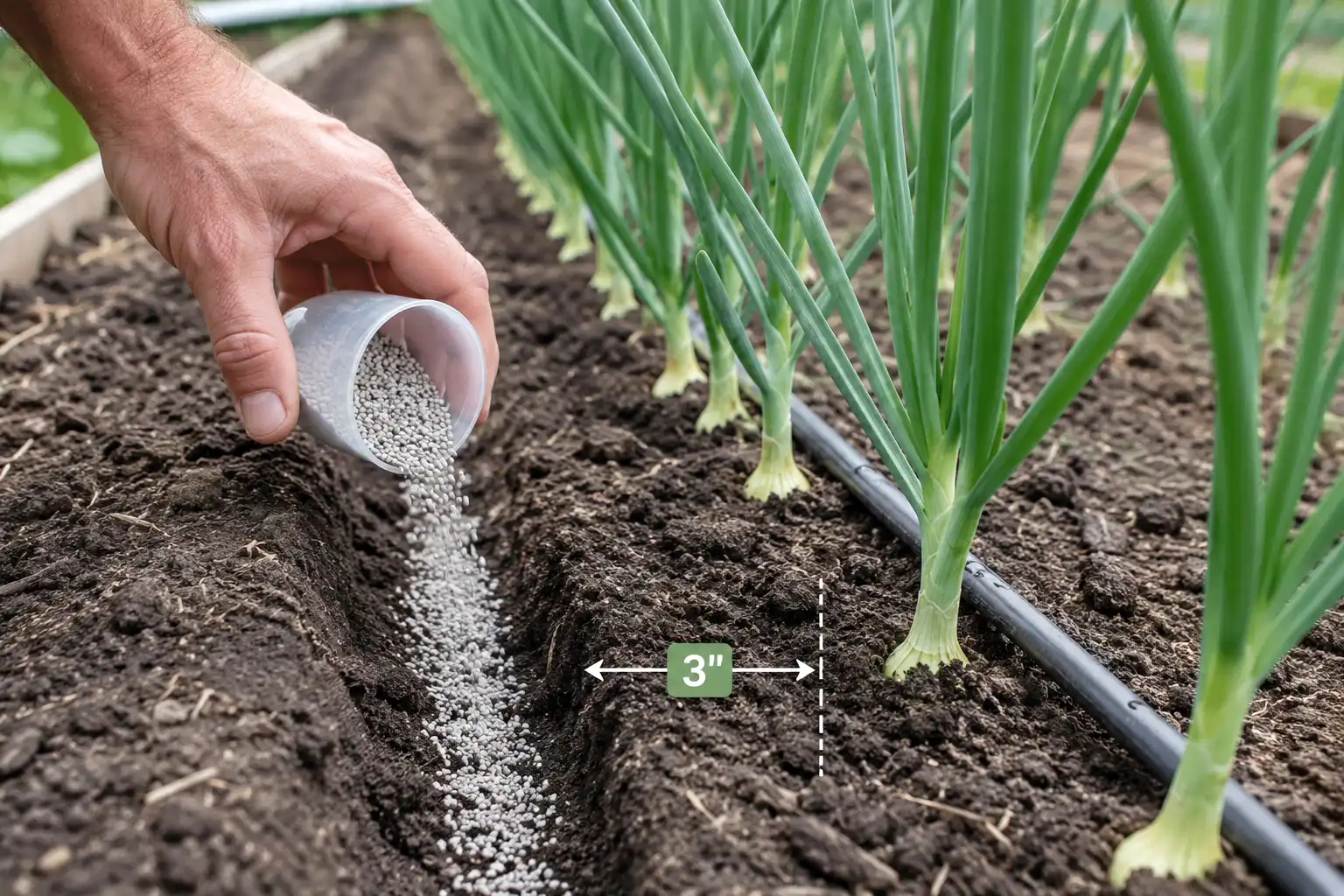 Side-dress onions by placing granular nitrogen in a shallow furrow two to three inches beside the row, keeping granules off the plants, then watering it in.