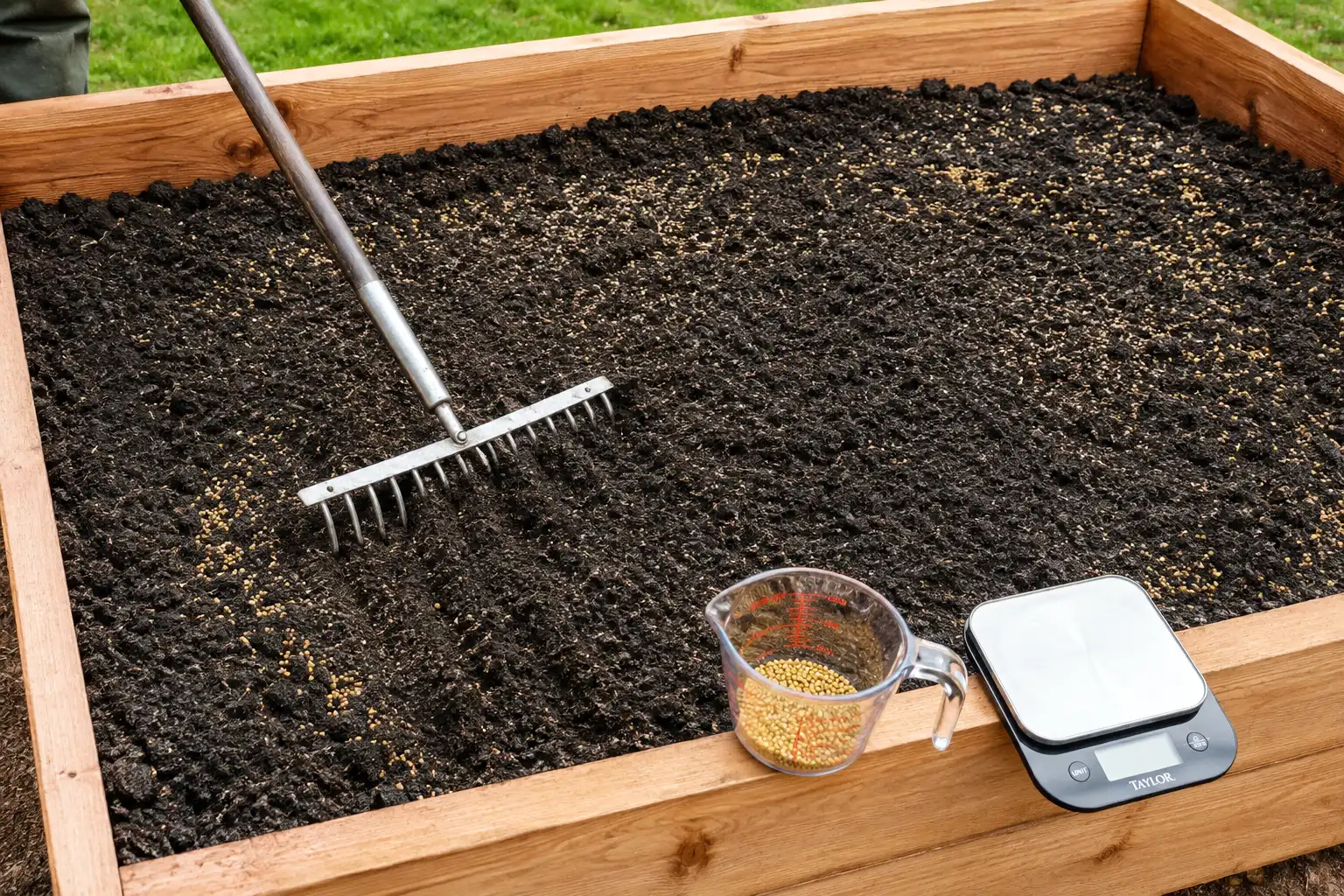 Gardener raking balanced coated fertilizer granules into the top one to three inches of a raised bed, with a scale and measuring cup nearby for weighing the correct rate.
