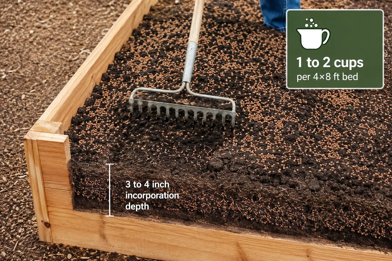 Work the granules into the top 3 to 4 inches of soil and water them in, using roughly one to two cups for a 4 by 8 foot raised bed