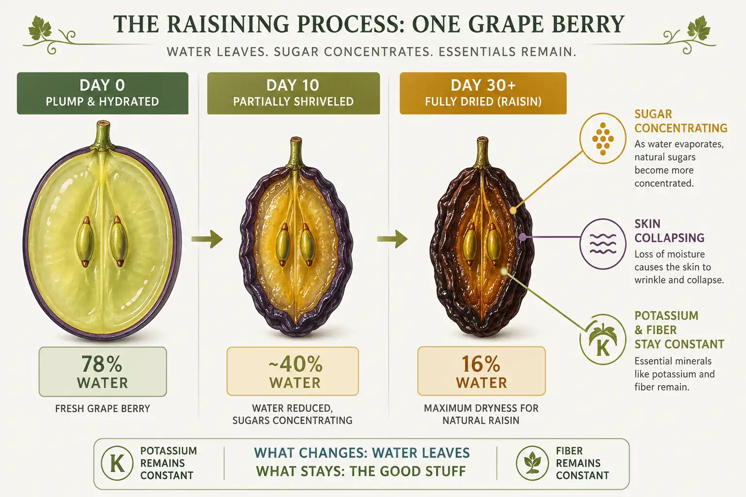 Drying removes about 80 percent of a grape's water while sugar, fiber, and potassium stay behind, shown across three stages from plump berry to finished raisin at 16 percent moisture