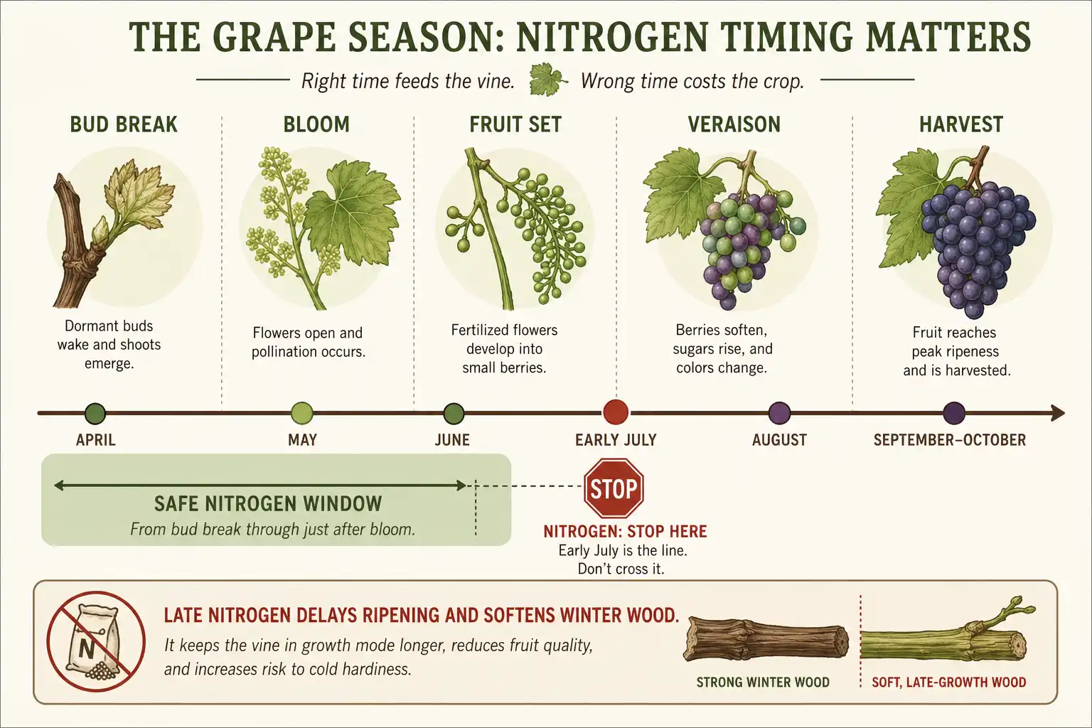 Safe nitrogen window running from bud break through just after bloom and closing at early July, so canes harden before winter