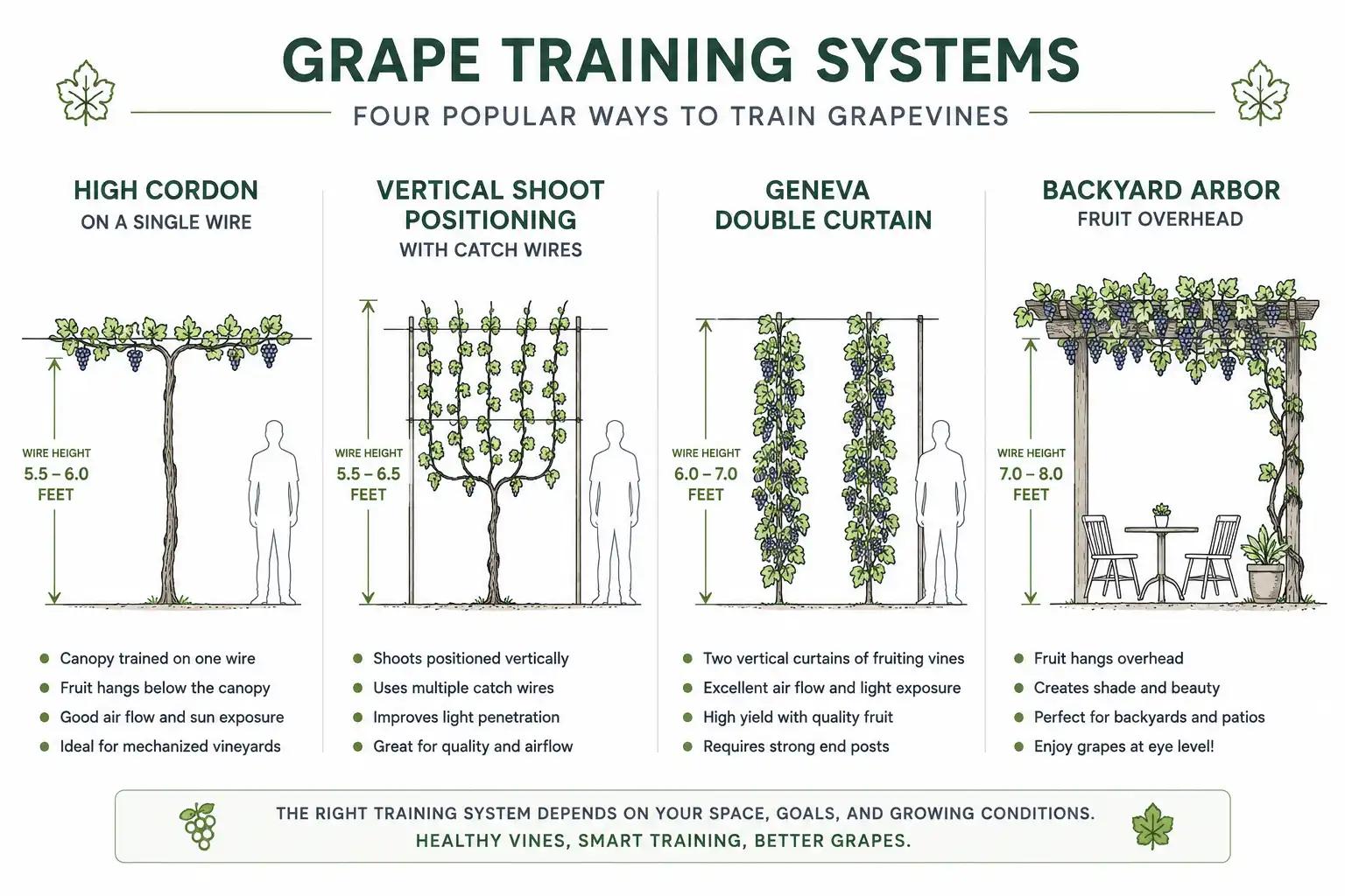 Comparison infographic of grape trellis systems of what grapes grow on in vineyards and backyard plantings