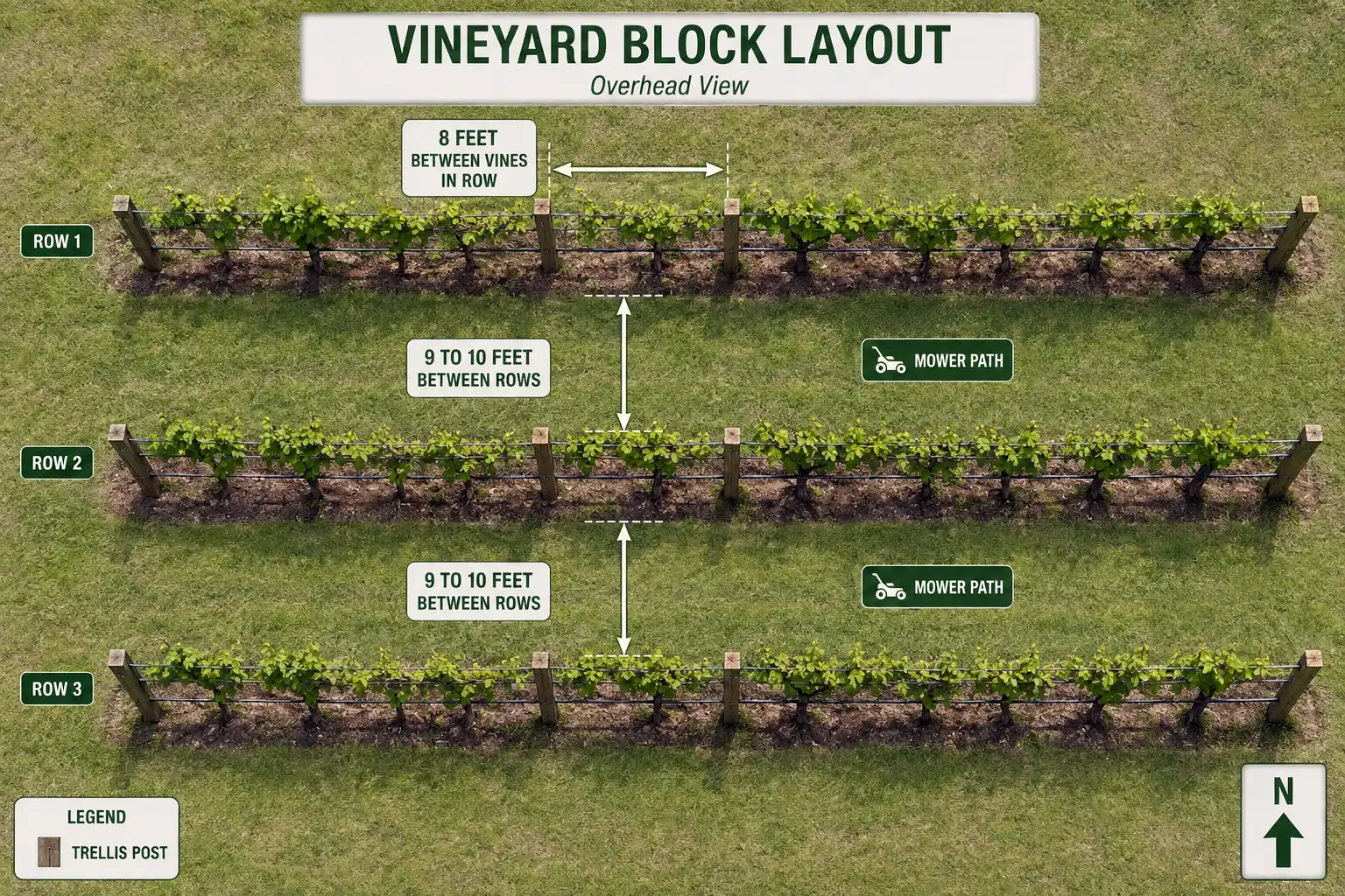 Overhead spacing diagram for planting grapes, showing 8 feet between vines within the row and 9 to 10 feet between vineyard rows.
