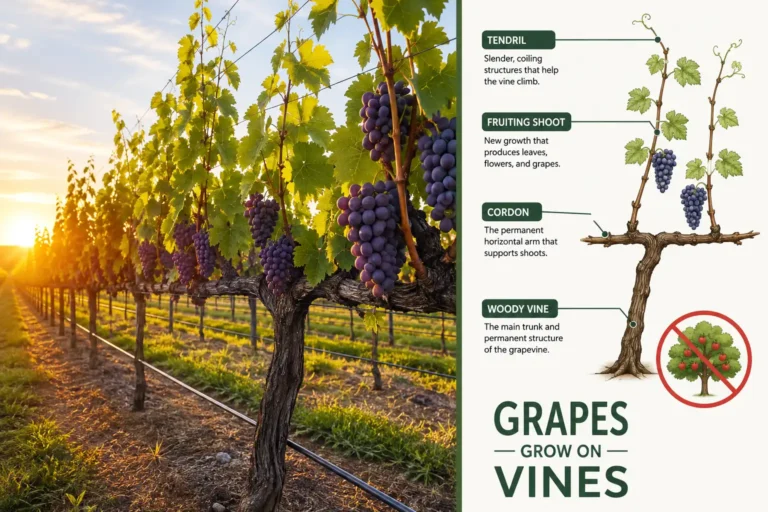 Grapes grow on woody vines and not on trees, shown ripening on a labeled high cordon trellis