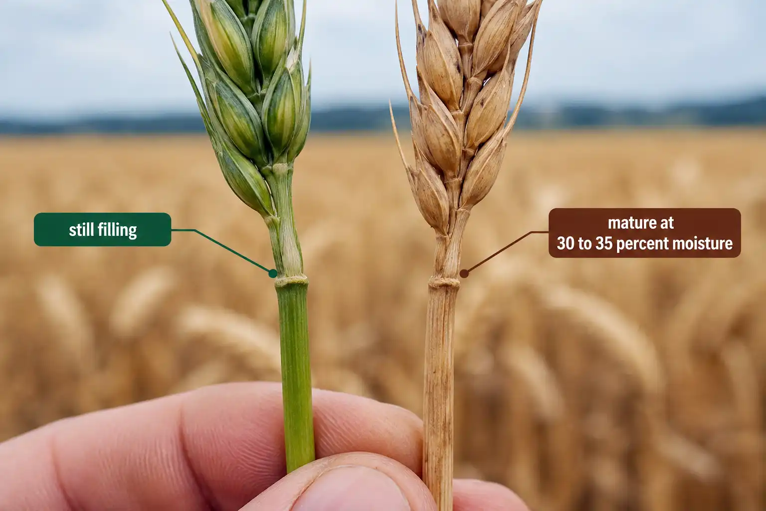 Two wheat stems compared, one with a green peduncle still filling grain and one with a tan peduncle marking maturity at 30 to 35 percent moisture
