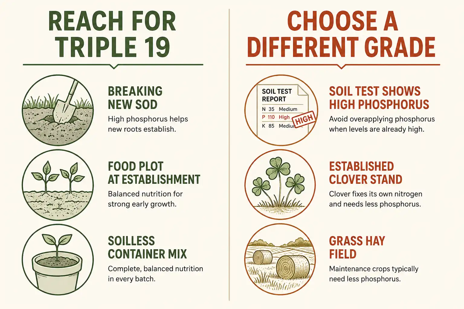 Two column chart about triple 19 suits new sod, food plots, and container mixes, while high phosphorus soils, clover stands, and hay fields call for a different grade