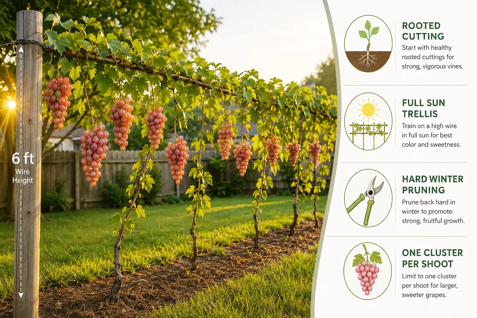 Seedless grapes come from rooted cuttings or nursery vines trained on a full sun trellis, pruned back hard every winter and thinned to one cluster per shoot
