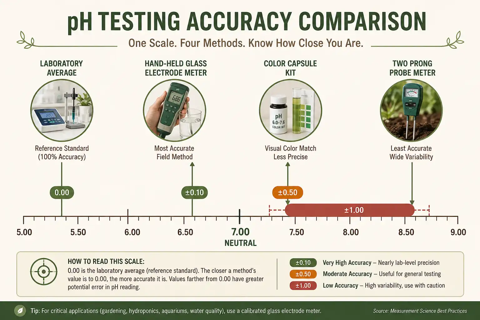 A hand-held glass electrode meter matches laboratory soil pH most closely, while a prong probe cannot separate samples more than two pH units apart.