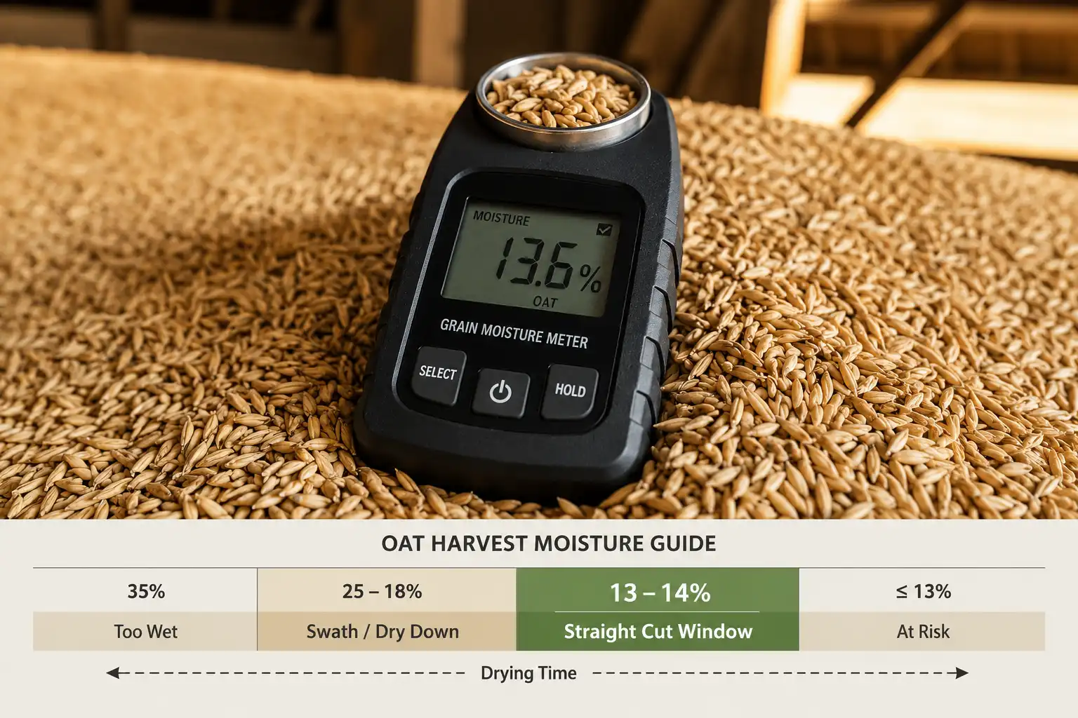 Oats are dry enough to straight cut and bin when a moisture meter reads 13 to 14 percent.