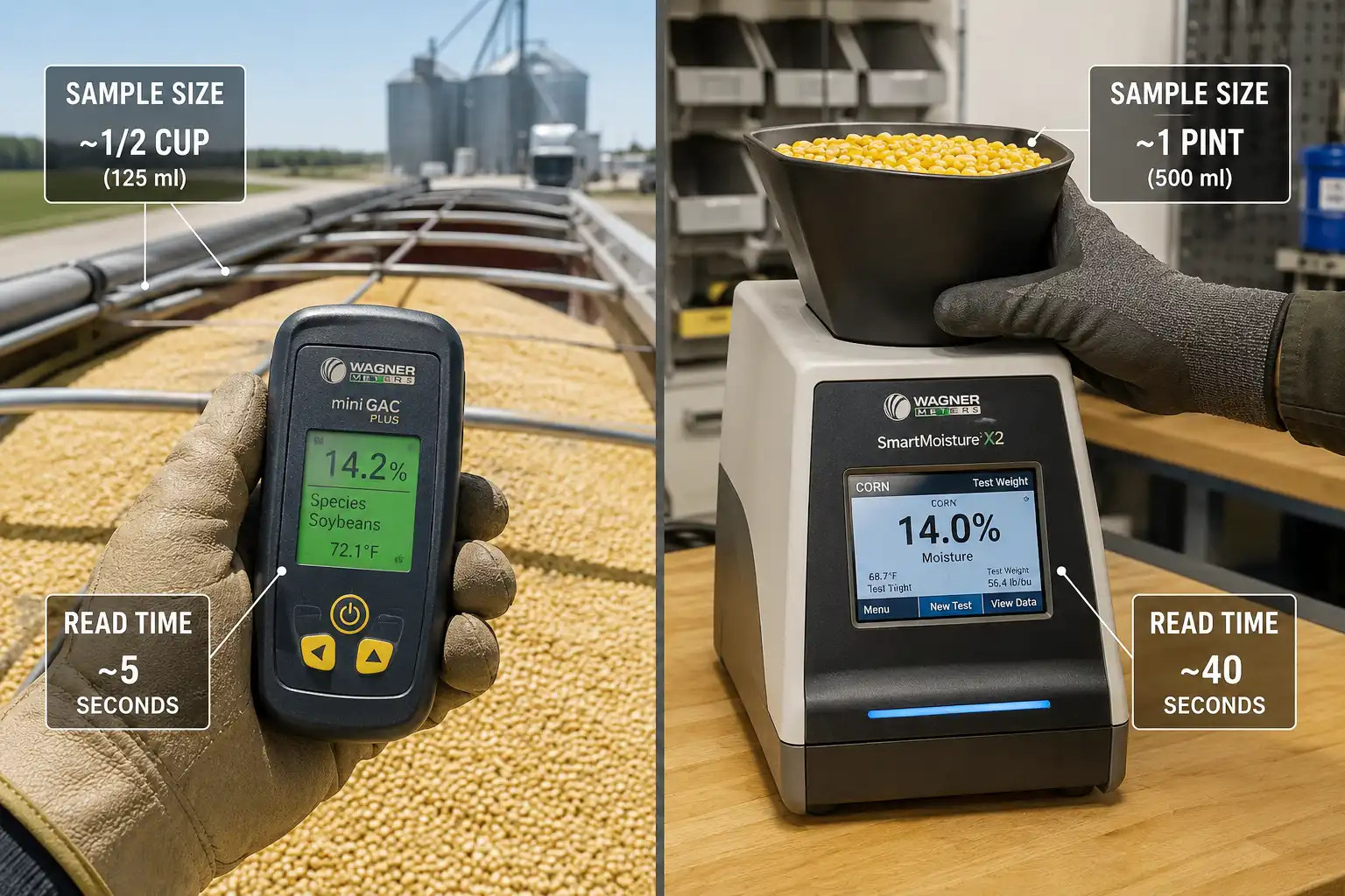 Handheld meters test small samples fast at the truck, while benchtop units run larger samples for tighter repeatability in a shop or elevator.