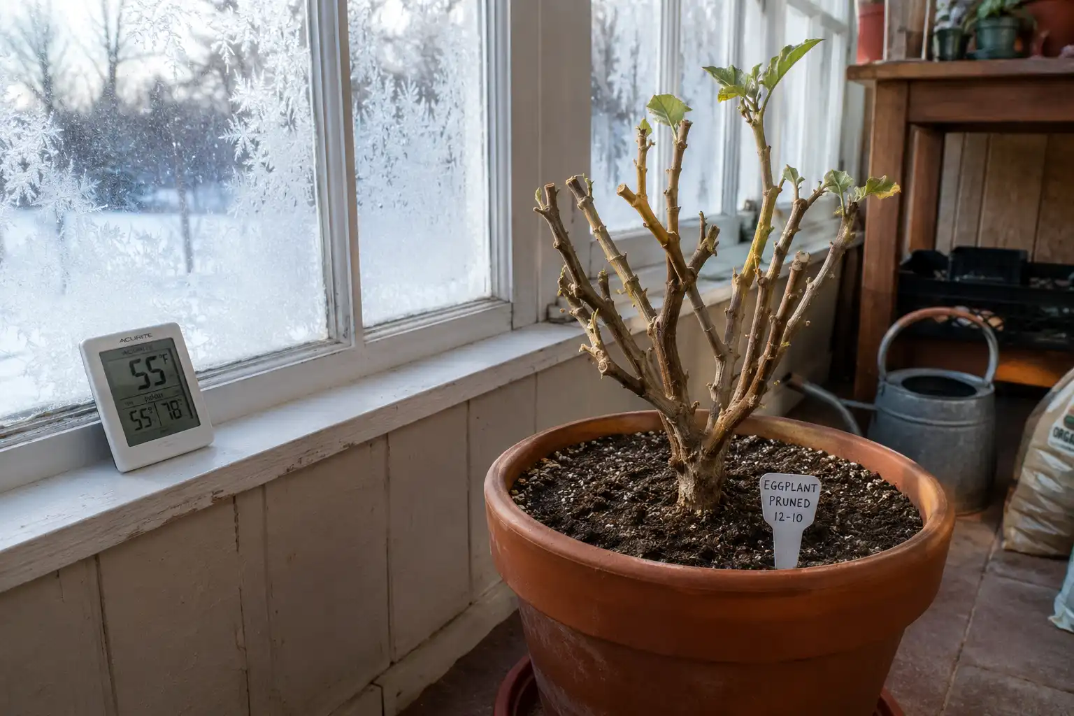 A hard pruned eggplant in a five gallon pot overwintering beside a bright window with a sill thermometer reading 55 degrees Fahrenheit