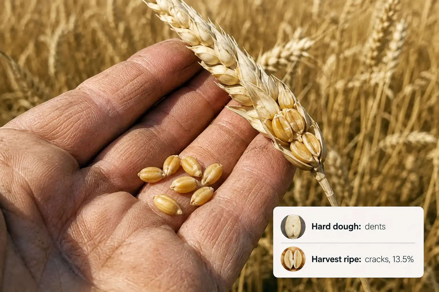 Wheat is ready to harvest when kernels crack instead of denting under a thumbnail, which happens near 13.5 percent moisture after the crop passes hard dough