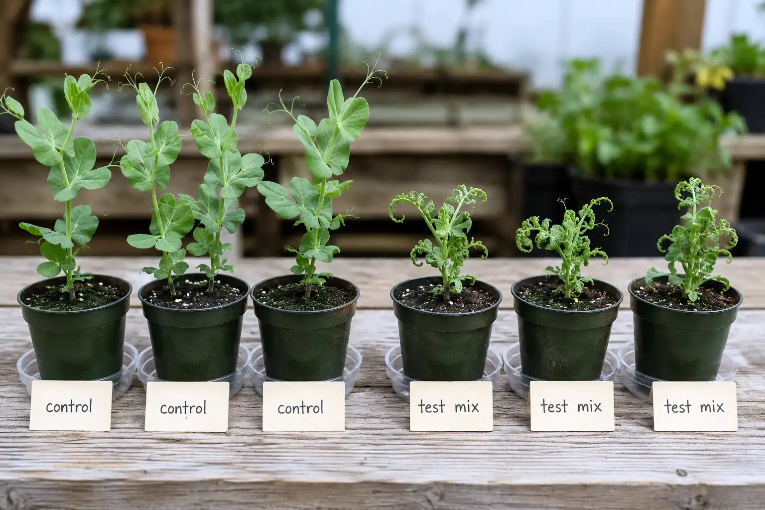 Pea seedlings in clean potting mix growing flat healthy leaves next to stunted seedlings with cupped twisted growth, the visible result of herbicide residue in compost after four weeks