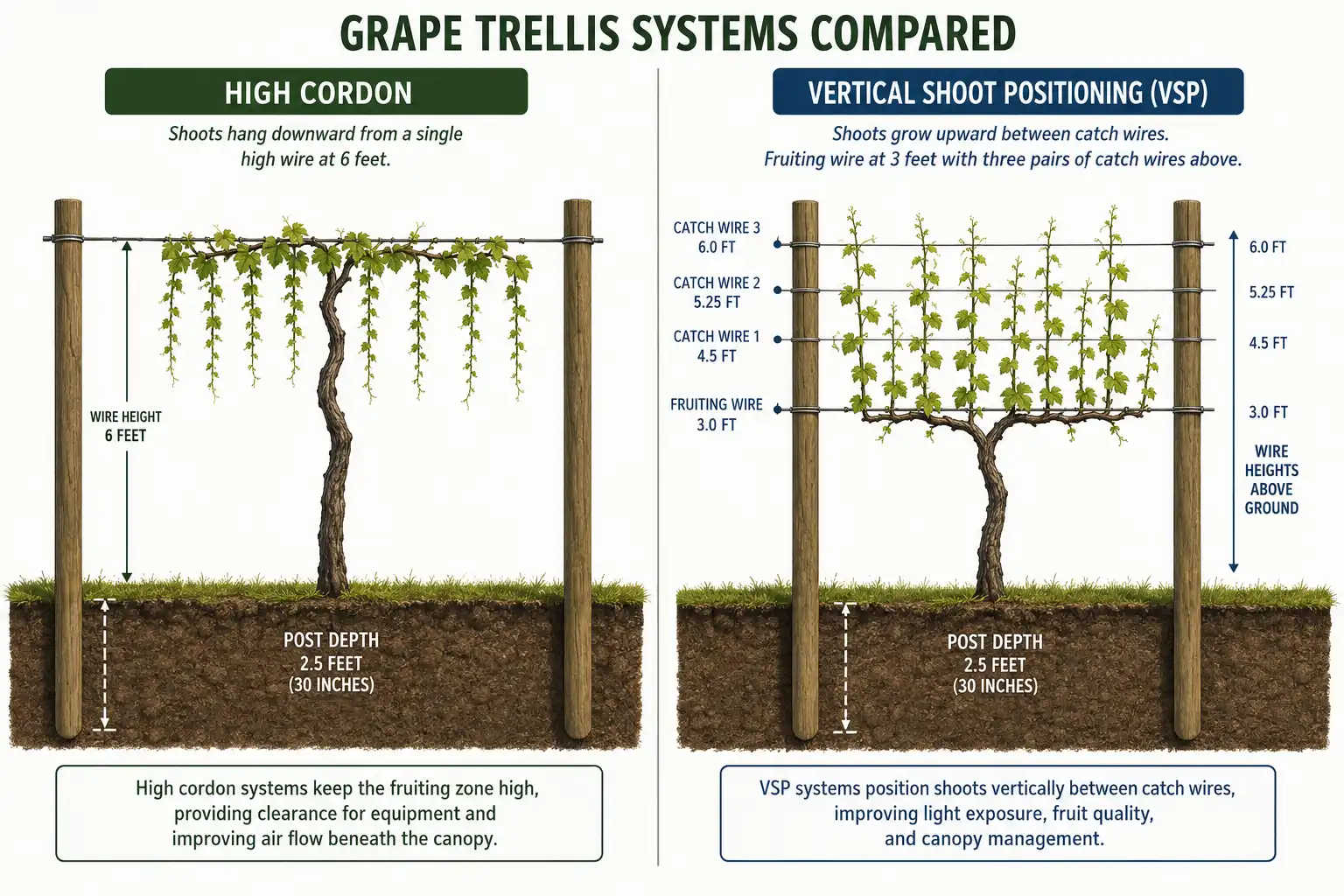 Comparison diagram of high cordon and vertical shoot positioning trellis systems used when planting grapes, with wire heights labeled.