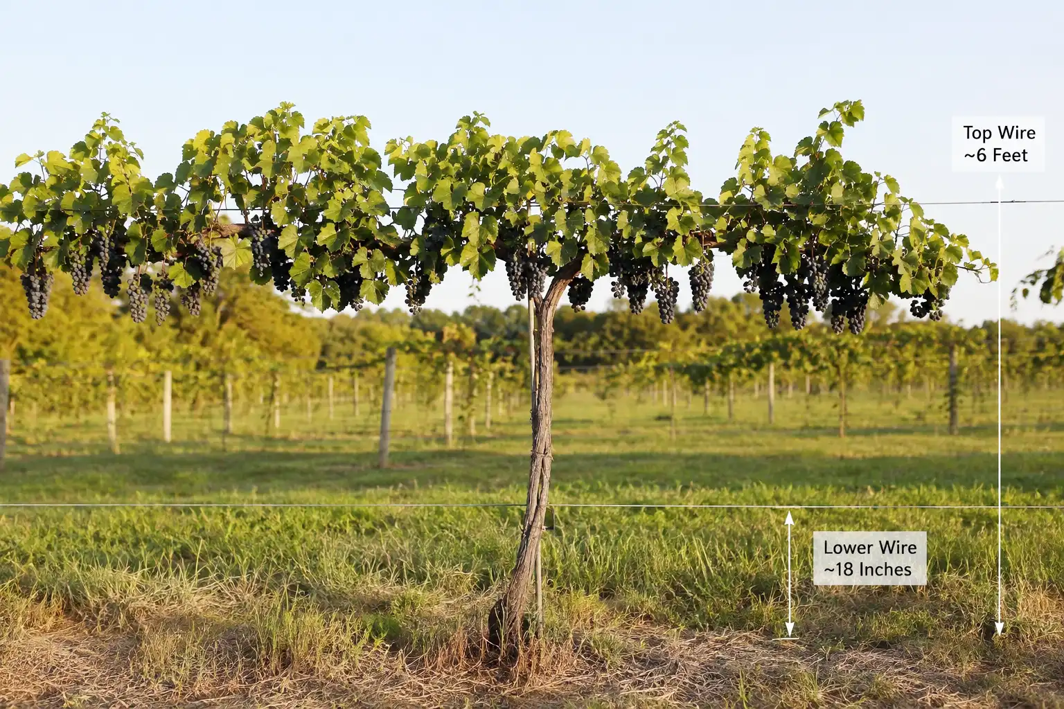 A high cordon single curtain trellis holds one trunk and two cordons on a top wire 5 to 6 feet up, with Concord shoots and clusters trailing downward