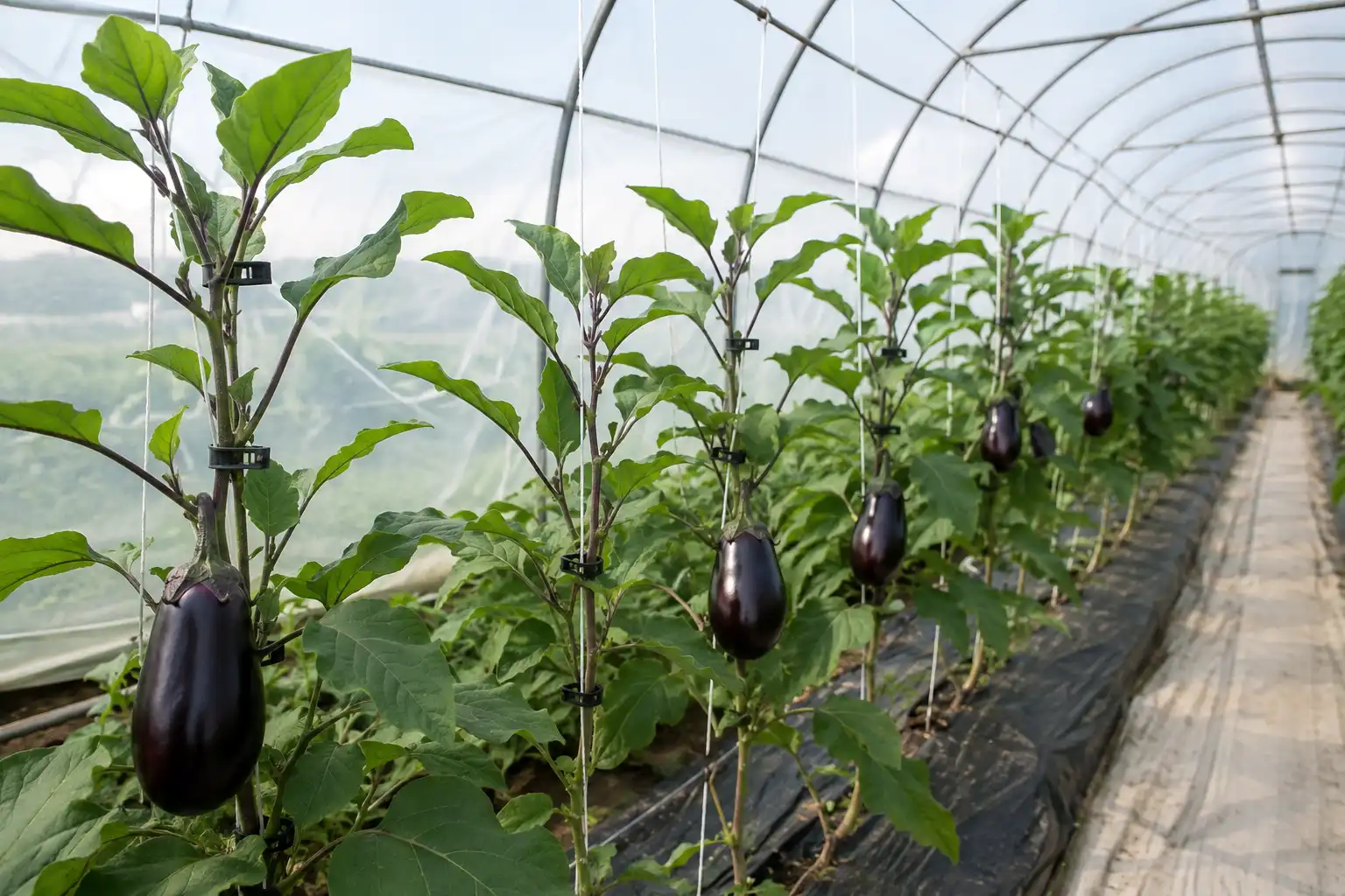 Eggplants inside a high tunnel trained up white strings from an overhead wire, each pruned to two leaders with clips holding the stems.