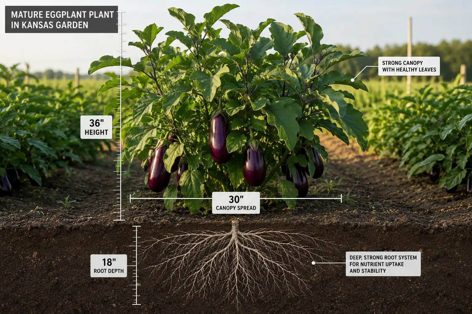 Mature eggplant plant standing about 3 feet tall with a 30 inch canopy spread and roots reaching 18 inches deep