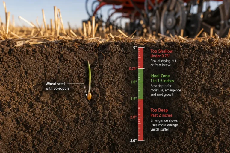 Wheat goes 1 to 1.5 inches deep in moist soil, shown in a soil profile where a ruler marks the shallow, correct, and too deep placement zones.