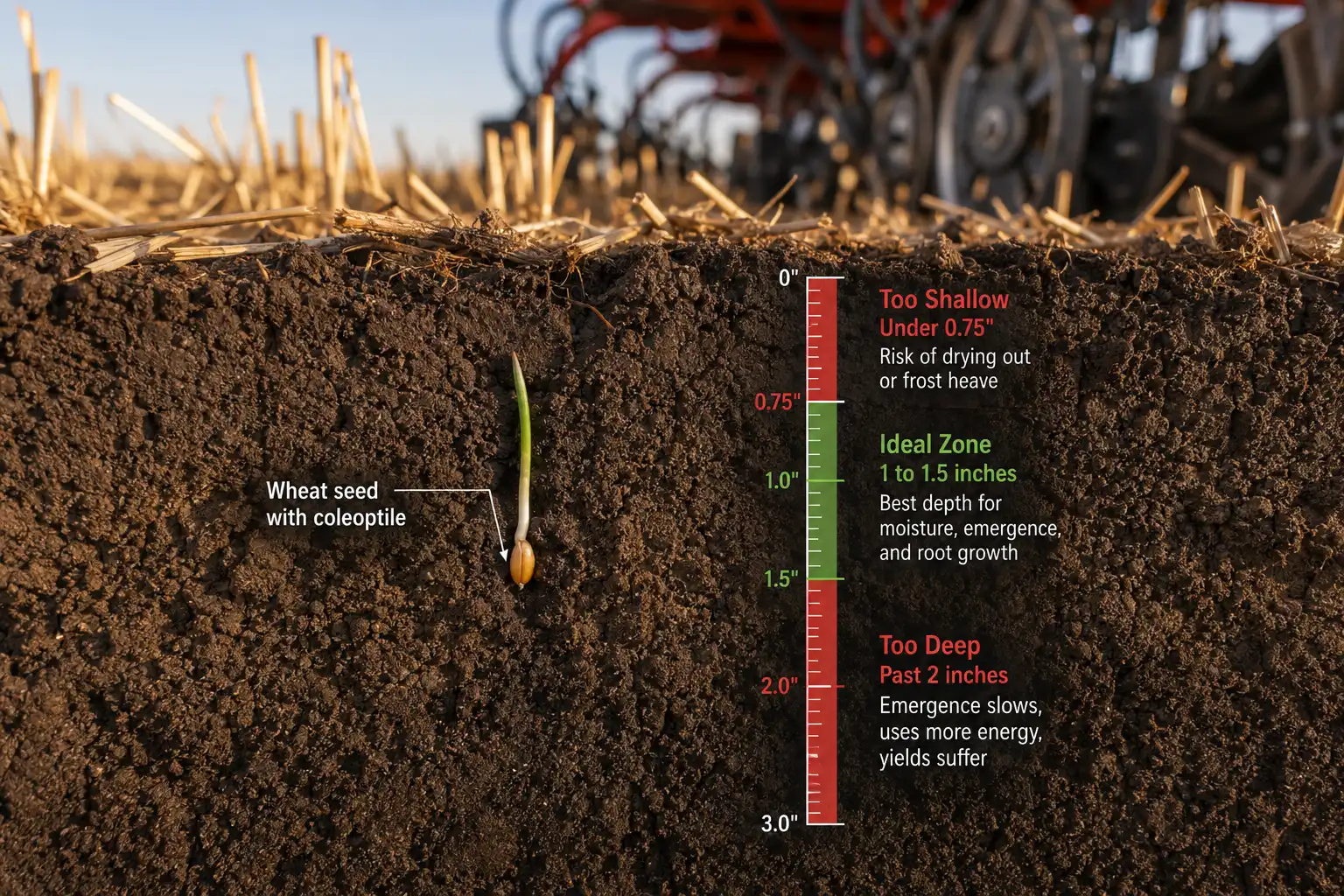 Wheat goes 1 to 1.5 inches deep in moist soil, shown in a soil profile where a ruler marks the shallow, correct, and too deep placement zones.