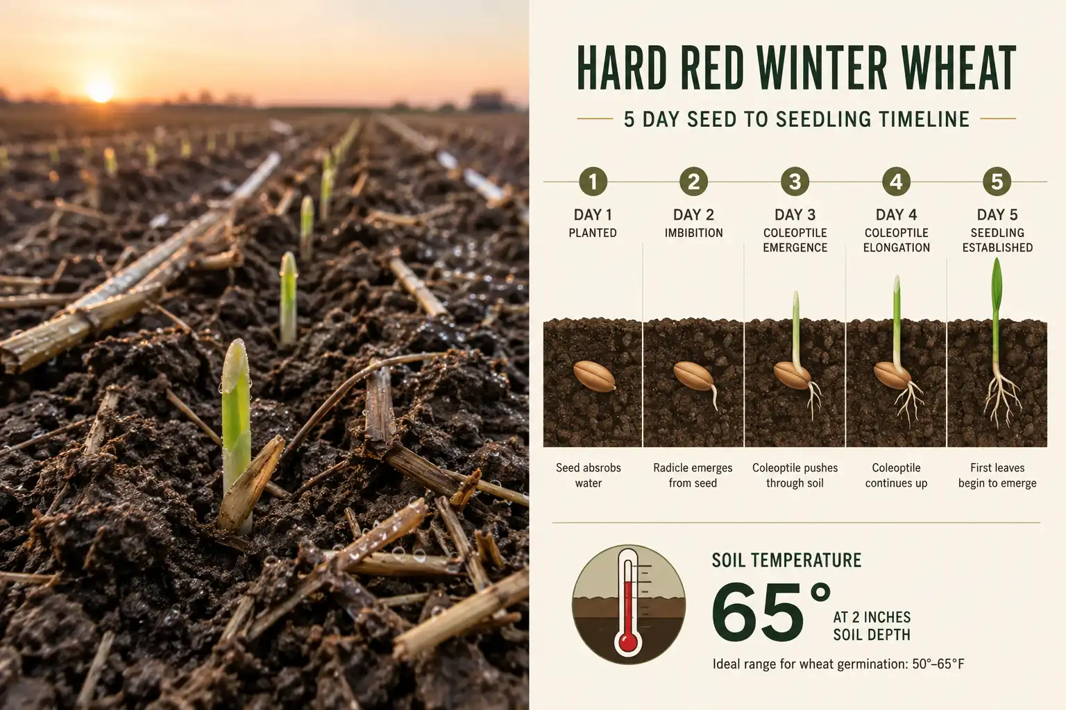 Wheat sprouts in five to seven days in warm moist soil, shown by green coleoptiles rising through drill rows beside a soil temperature timeline