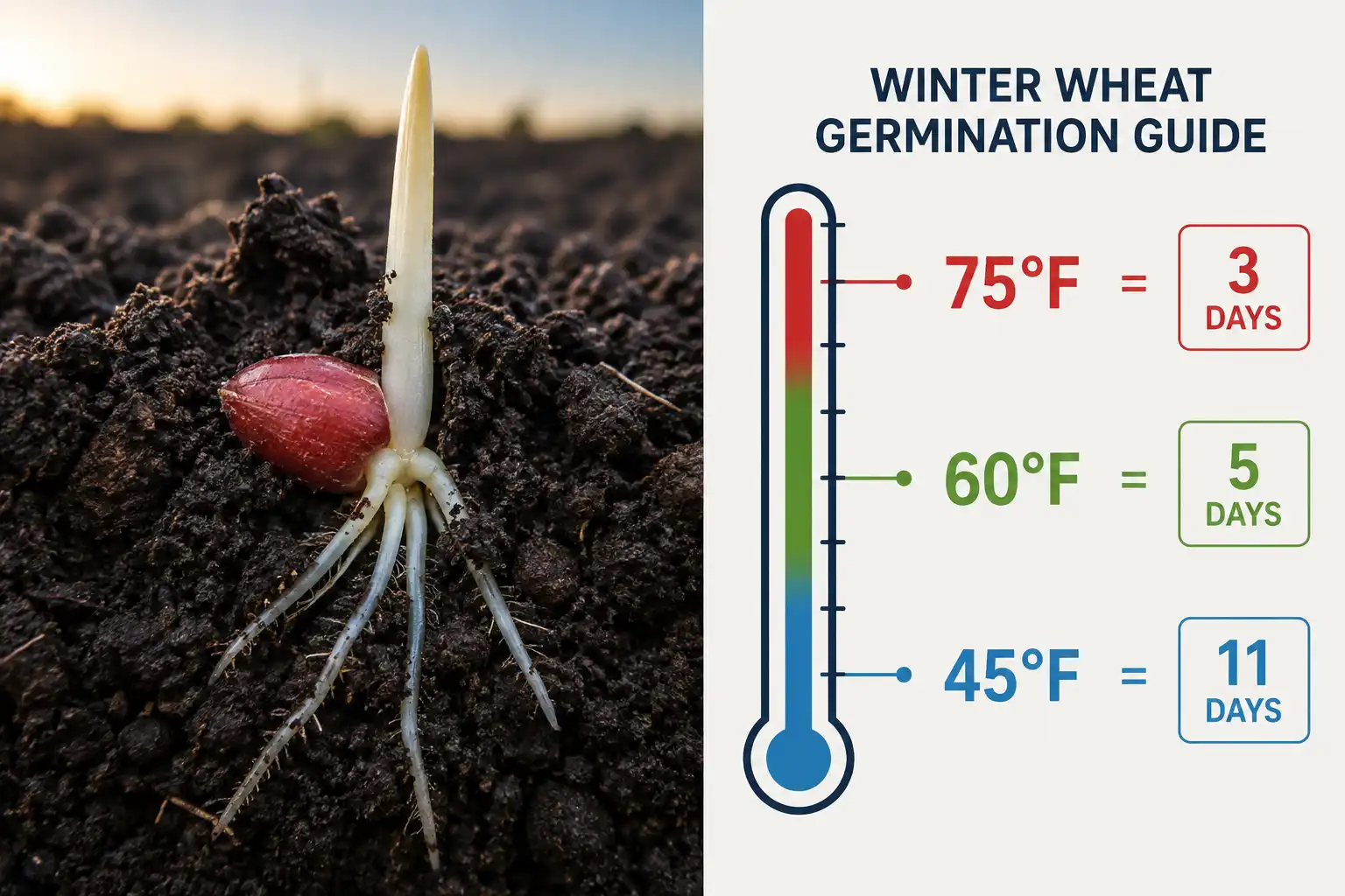 Germinating wheat seed with roots and coleoptile next to a chart showing 3 days at 75°F, 5 days at 60°F and 11 days at 45°F