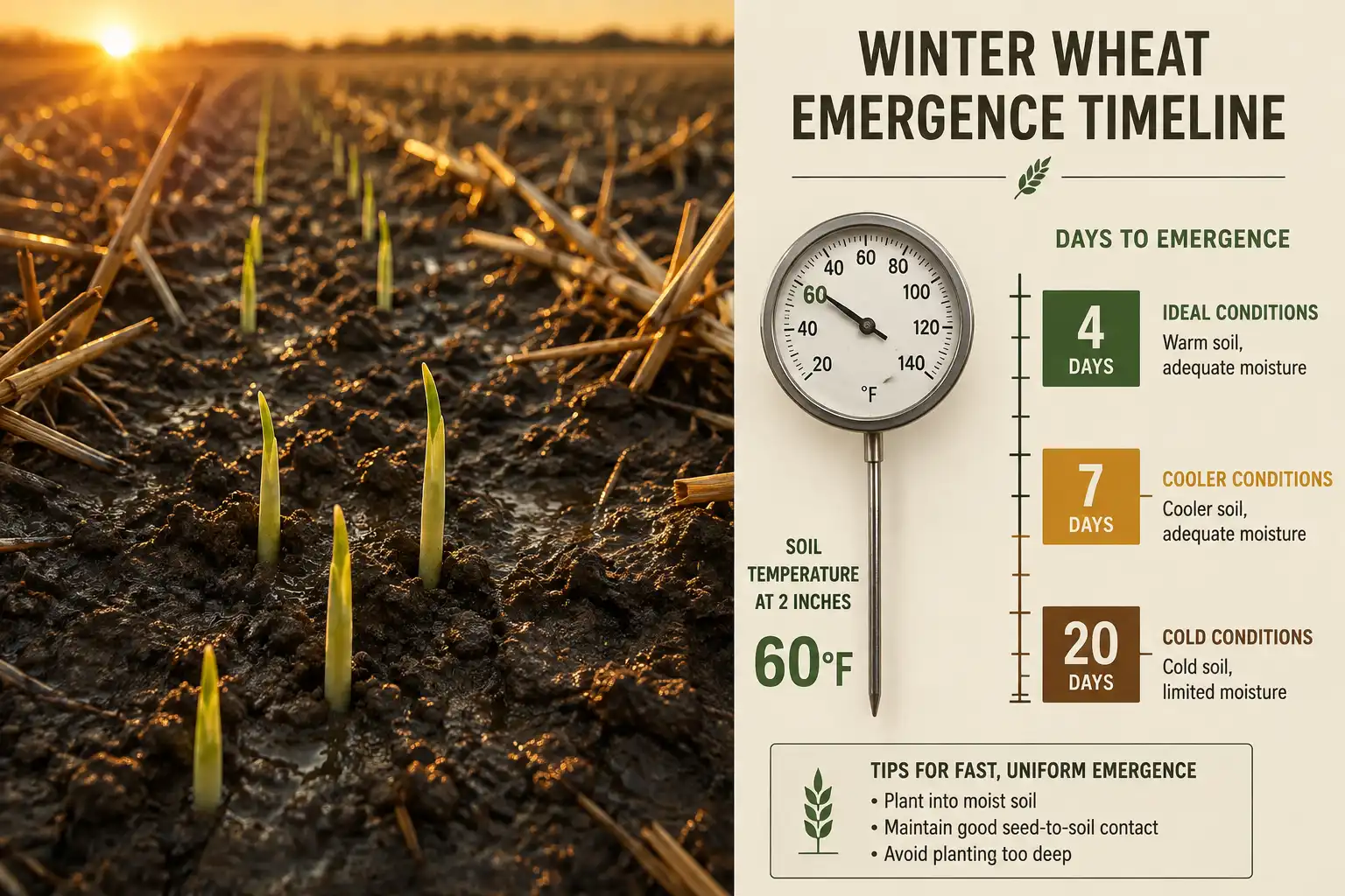 Winter wheat germinates in four to seven days at 54 to 77 degrees and takes up to three weeks in cold soil, shown with emerging seedlings and a soil temperature scale