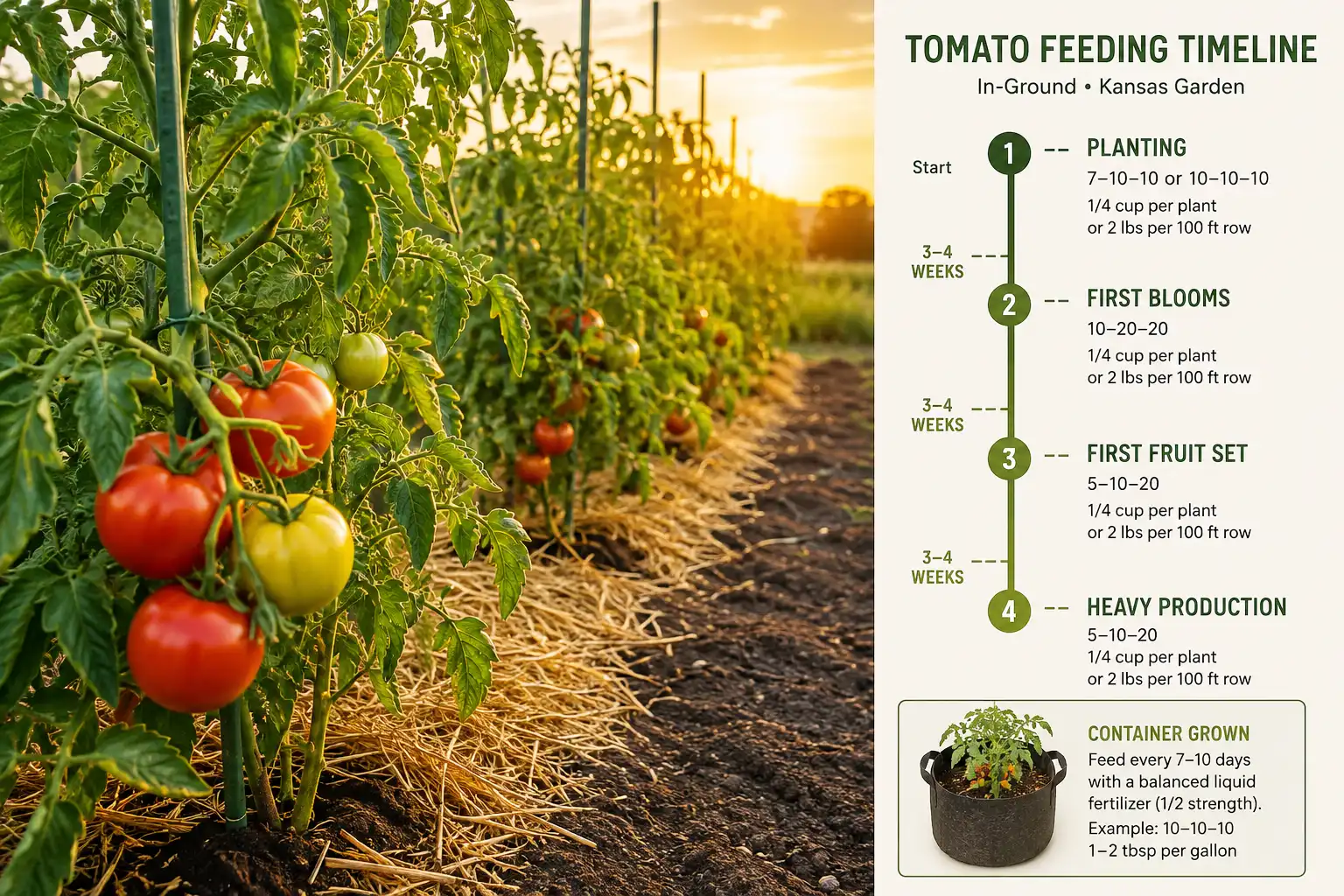 Tomatoes take a feeding every three to four weeks in garden soil and every one to two weeks in containers, shown on a labeled timeline from transplant to final harvest