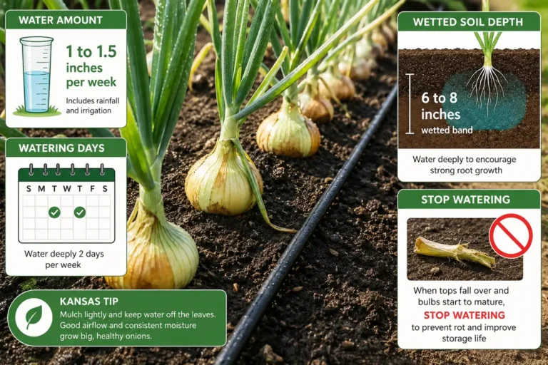 Onions take one to one and a half inches of water a week, split into one or two soakings that wet the soil six to eight inches deep, and watering stops once the tops fall over