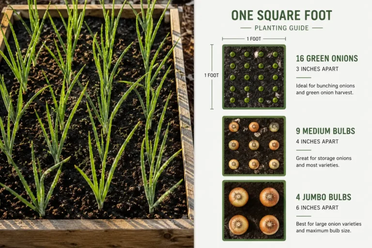 Overhead infographic of how many onions per square foot, about 16 green onions at 3 inch spacing, 9 medium bulbs at 4 inch spacing, and 4 jumbo bulbs at 6 inch spacing in a raised bed.
