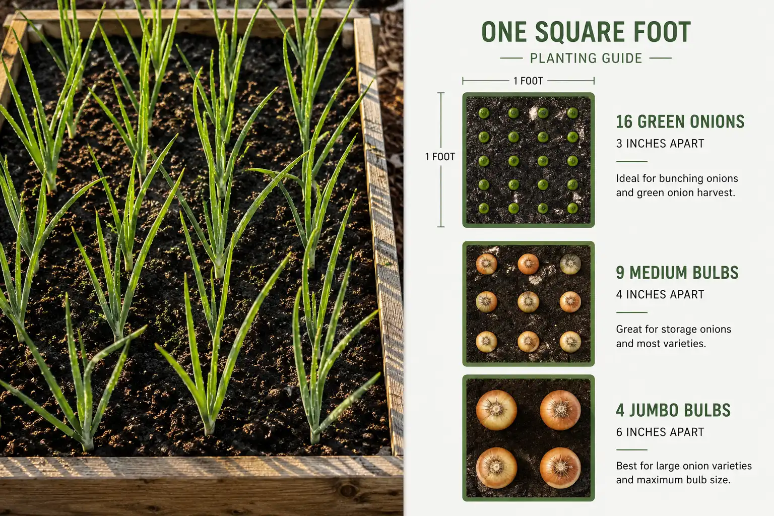 Overhead infographic of how many onions per square foot, about 16 green onions at 3 inch spacing, 9 medium bulbs at 4 inch spacing, and 4 jumbo bulbs at 6 inch spacing in a raised bed.