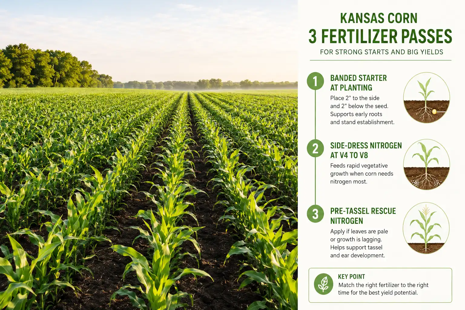 Corn fertilizer schedule showing banded starter at planting, the main nitrogen side-dress at V4 to V8, and a pre-tassel rescue application