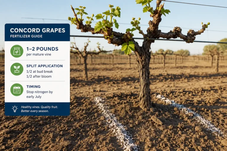 One to two pounds of balanced granular fertilizer banded sixteen inches out from a mature grape vine trunk at bud break, split with a second feeding after bloom and nitrogen stopped by early July