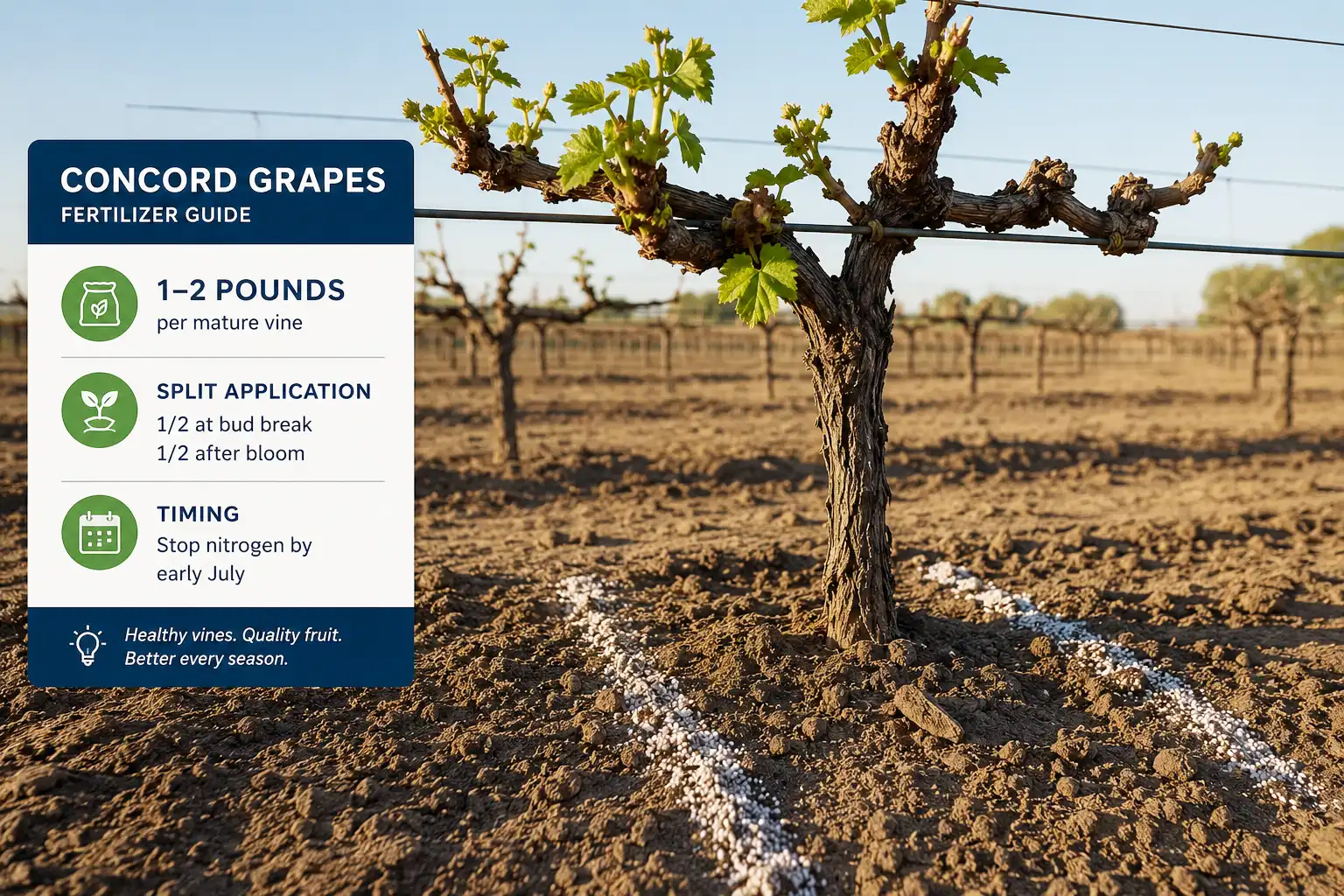 One to two pounds of balanced granular fertilizer banded sixteen inches out from a mature grape vine trunk at bud break, split with a second feeding after bloom and nitrogen stopped by early July
