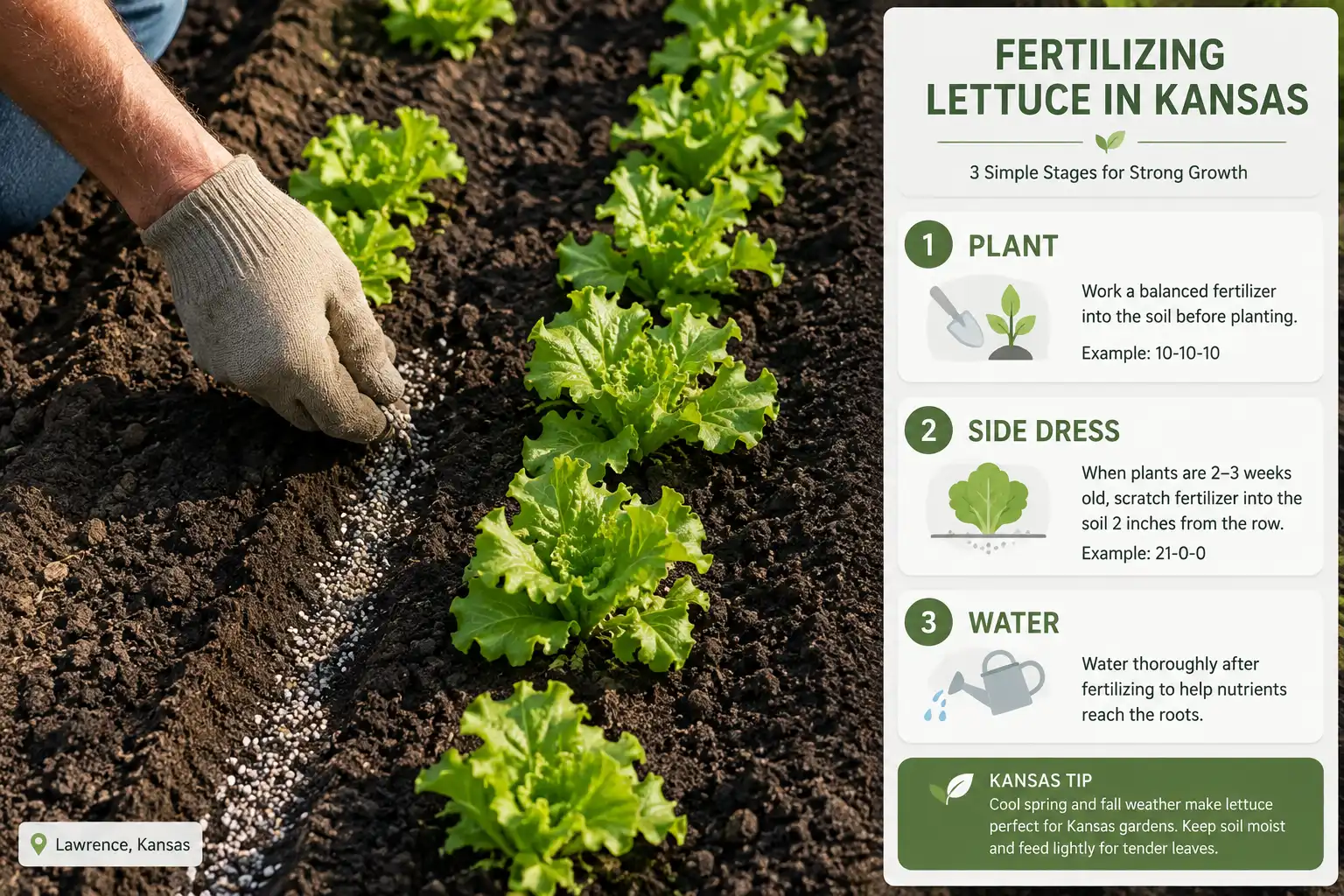 Balanced granular fertilizer raked into a lettuce bed before seeding, with panels marking a nitrogen sidedress at 3 to 4 inches of growth and light repeat feeding every three weeks