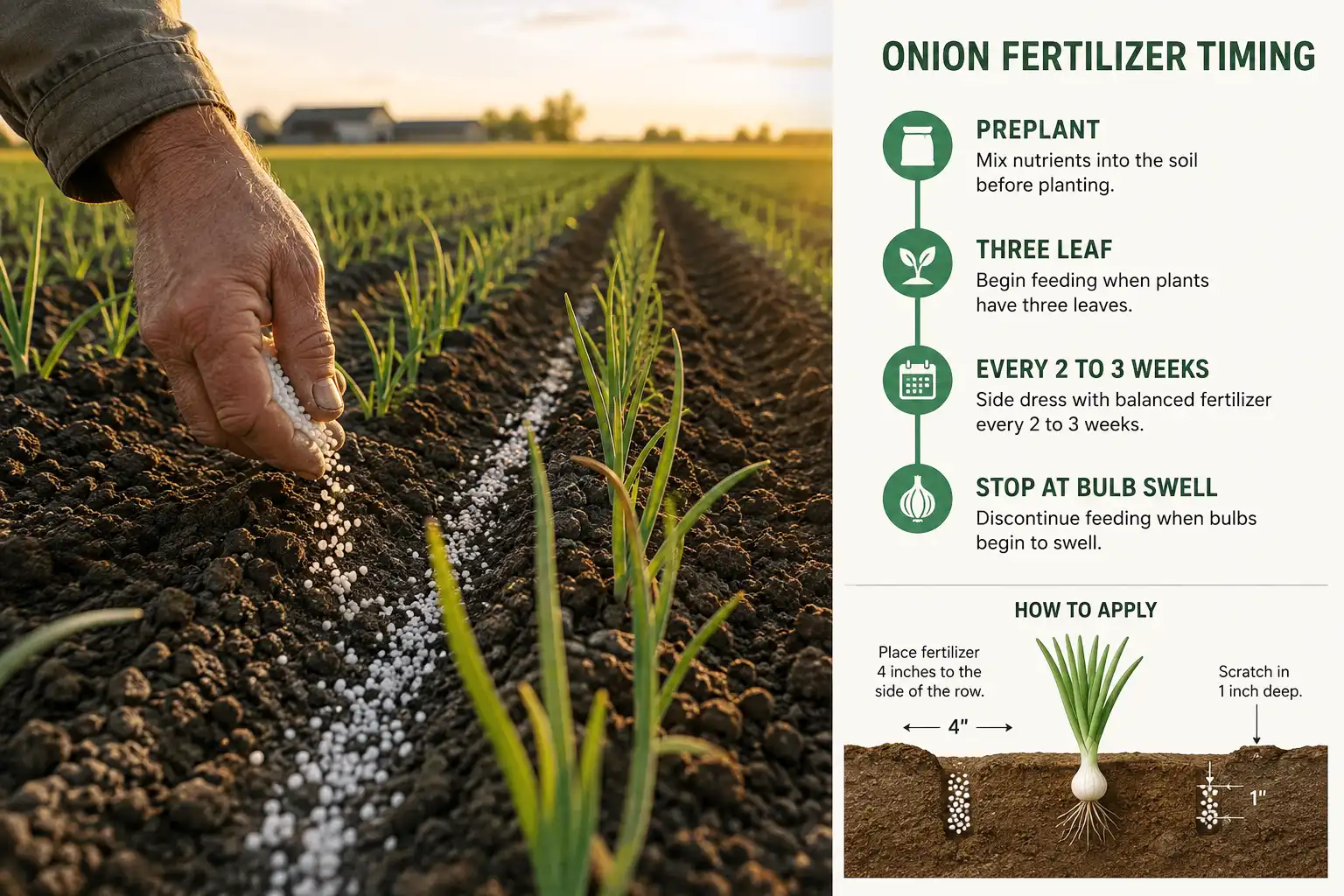 Granular nitrogen banded four inches beside an onion row with a season feeding timeline