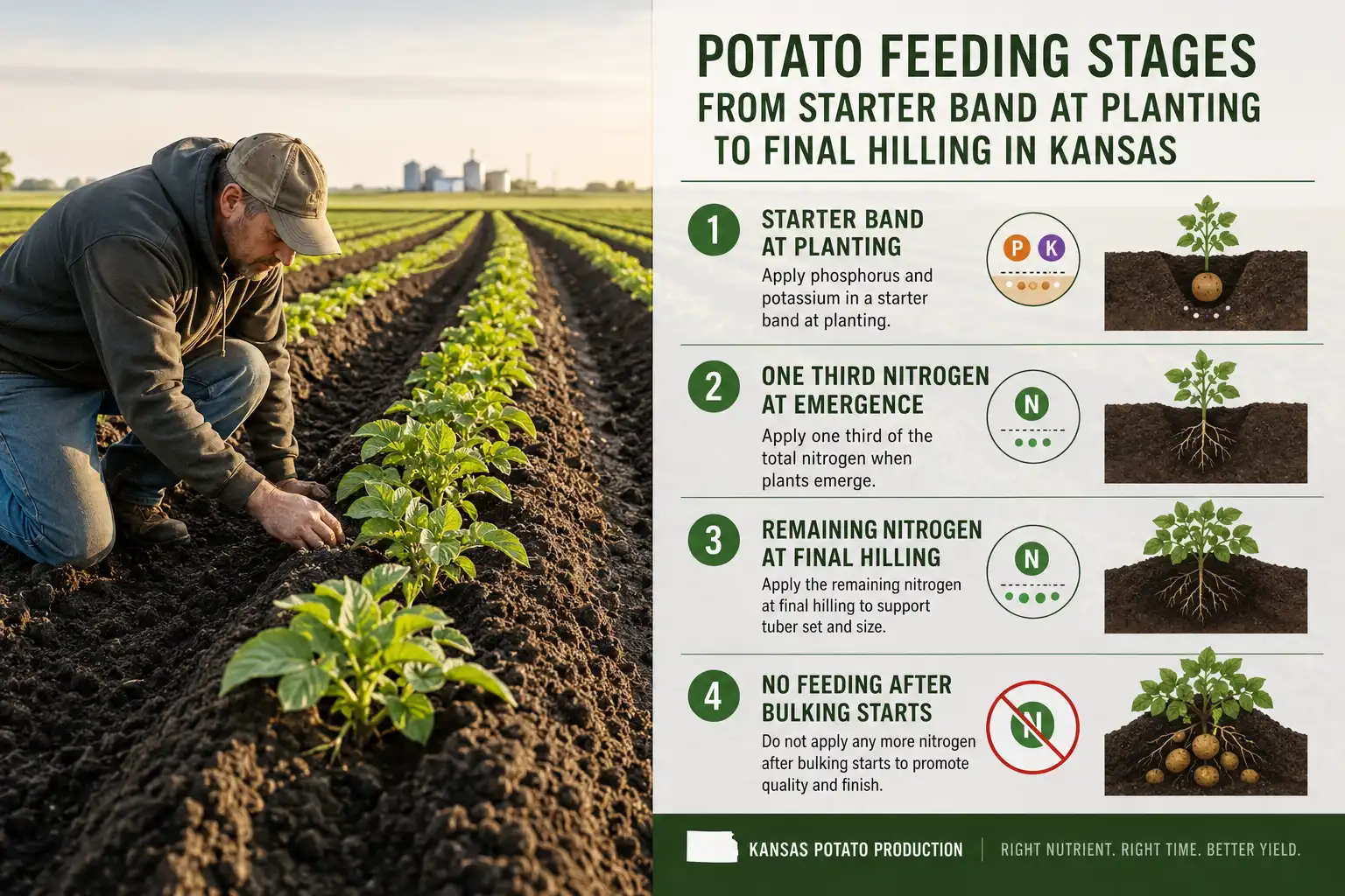 Starter phosphorus and potassium band at planting, a third of the nitrogen at emergence, the rest at final hilling, then no more nitrogen.