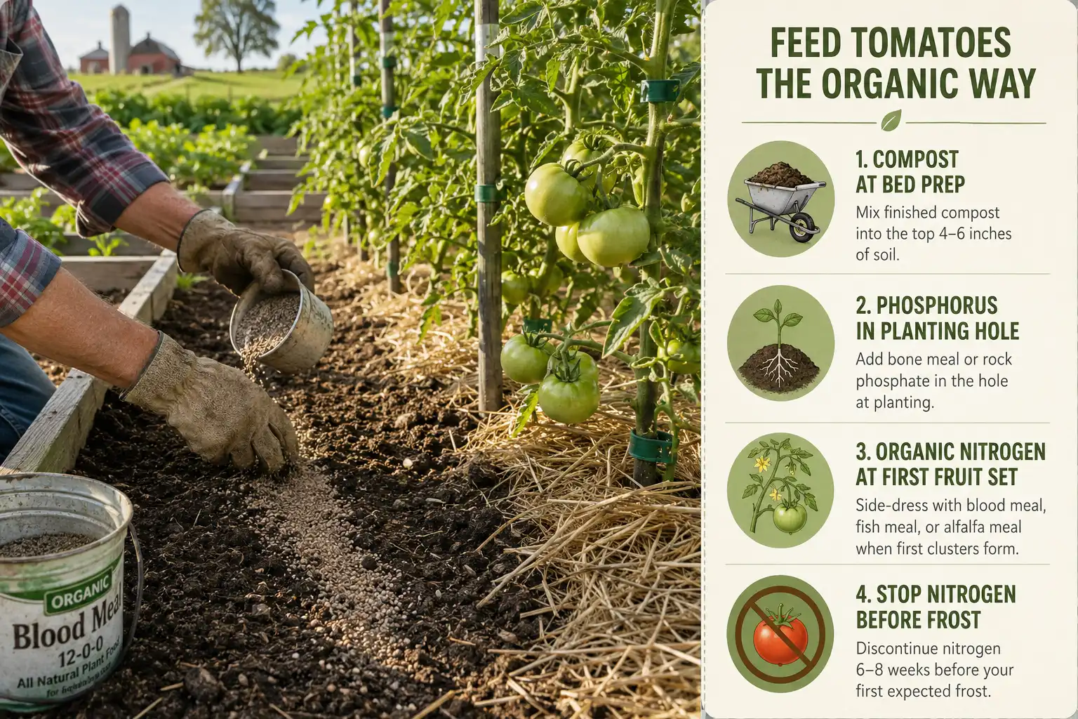 Compost worked into a tomato bed plus organic meal side-dressed beside the row, with the four stage natural feeding sequence from bed prep to the final nitrogen cutoff