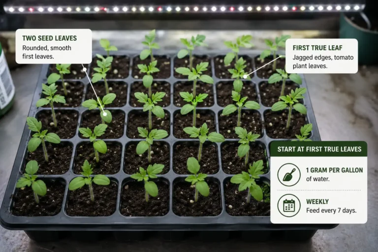 Tomato seedlings take their first dilute feeding once the first true leaves open, at roughly one gram of balanced soluble fertilizer per gallon, repeated weekly