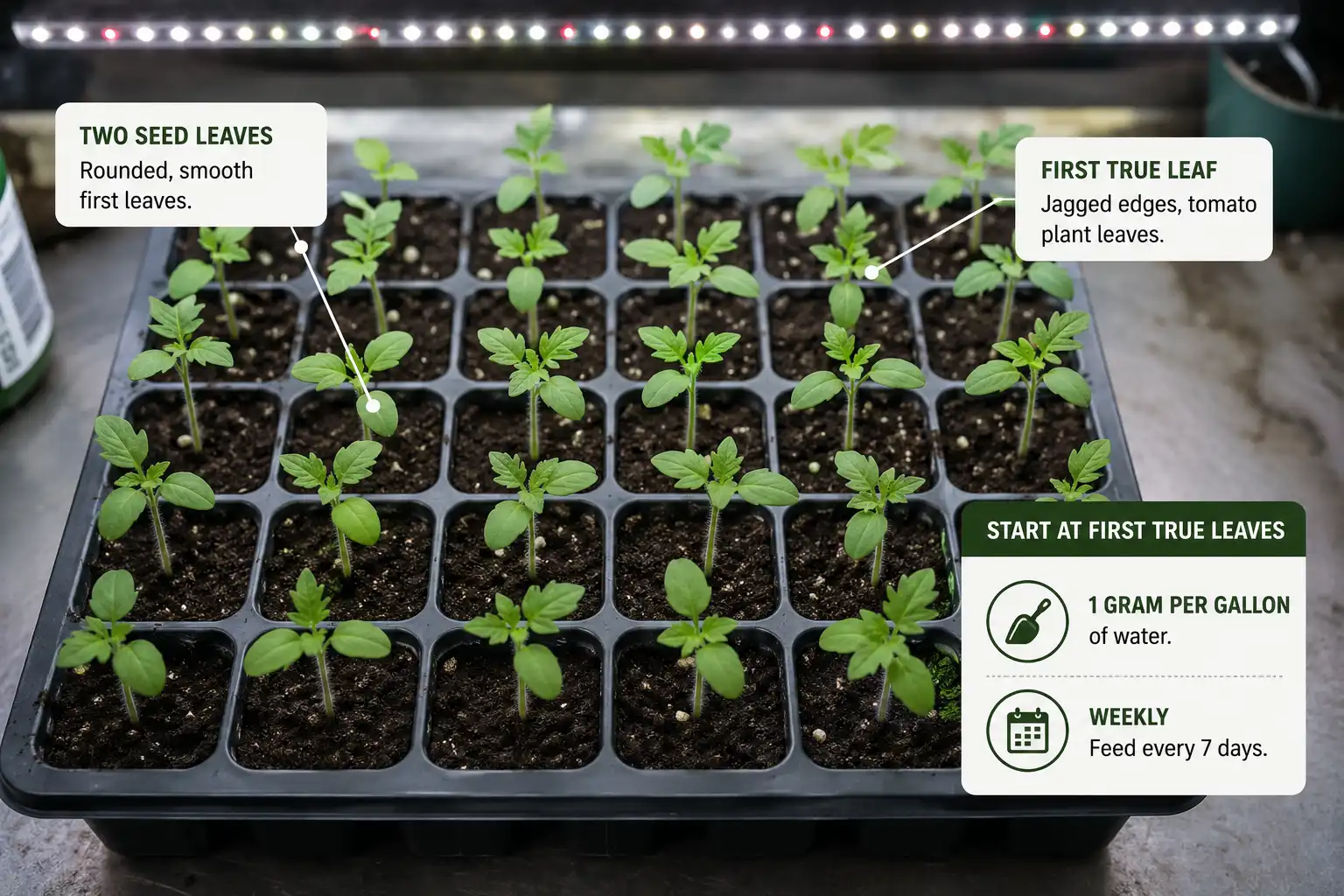 Tomato seedlings take their first dilute feeding once the first true leaves open, at roughly one gram of balanced soluble fertilizer per gallon, repeated weekly