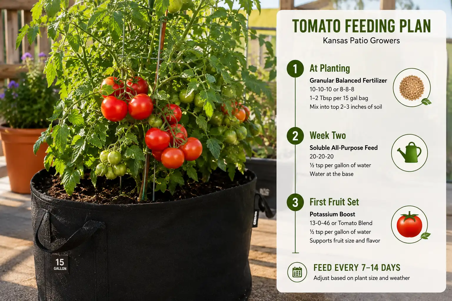 Container tomato fed with coated granules at planting, soluble fertilizer from week two, and a high potassium blend at first fruit set, repeating every 7 to 14 days
