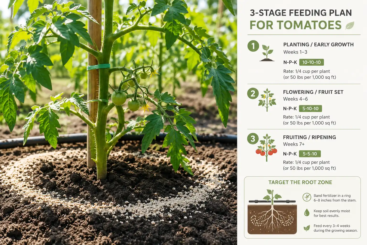 Tomatoes get fed three times, with a low nitrogen high phosphorus grade worked into the bed before planting, a starter solution poured at transplant, and a calcium nitrate sidedress once the first fruits reach golf ball size.