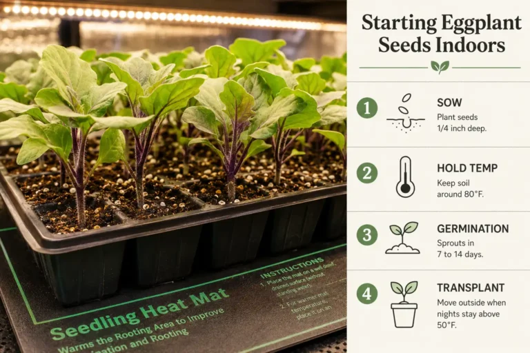 Eggplant seedlings on a warm heat mat beside labeled steps showing how to grow eggplant from seed at a quarter inch deep in 80 degree mix