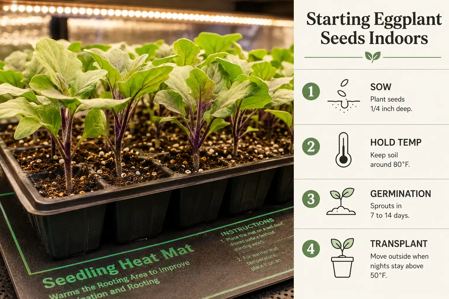 Eggplant seedlings on a warm heat mat beside labeled steps showing how to grow eggplant from seed at a quarter inch deep in 80 degree mix
