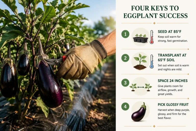 Glossy purple eggplants ripening on black plastic mulch beside a panel showing 85°F seed heat, 65°F transplant soil, 24 inch spacing, and glossy fruit harvest.