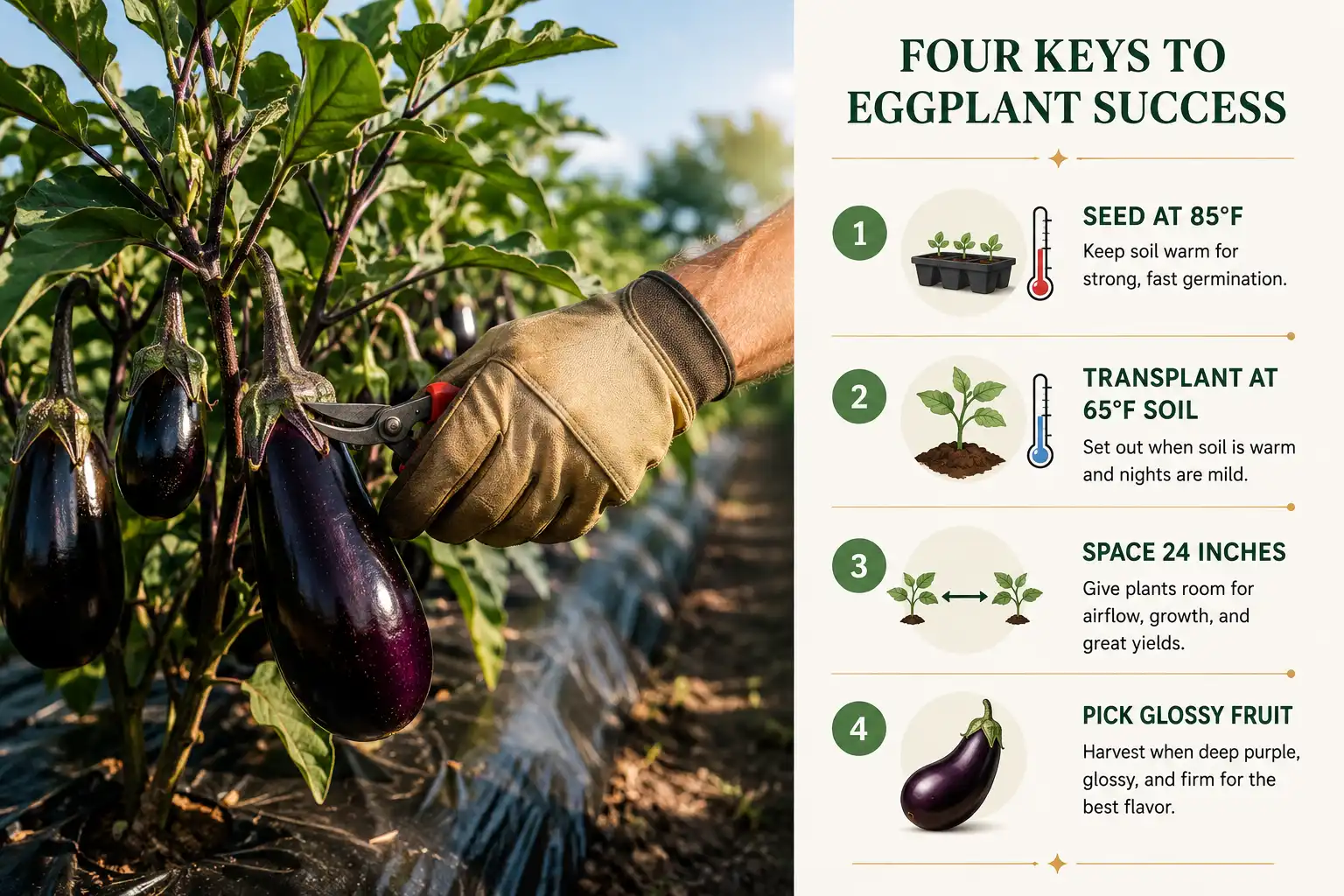 Glossy purple eggplants ripening on black plastic mulch beside a panel showing 85°F seed heat, 65°F transplant soil, 24 inch spacing, and glossy fruit harvest.
