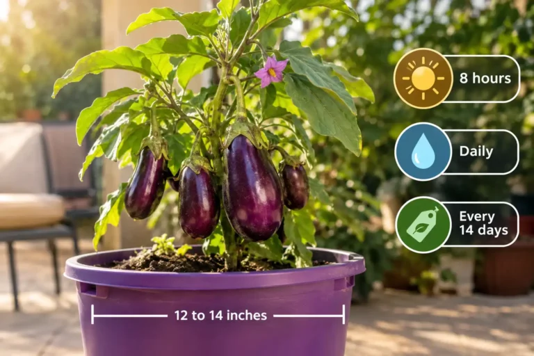 Compact eggplant fruiting in a 5 gallon pot marked with a 12 to 14 inch width, 8 hours of sun, daily watering, and feeding every 14 days.
